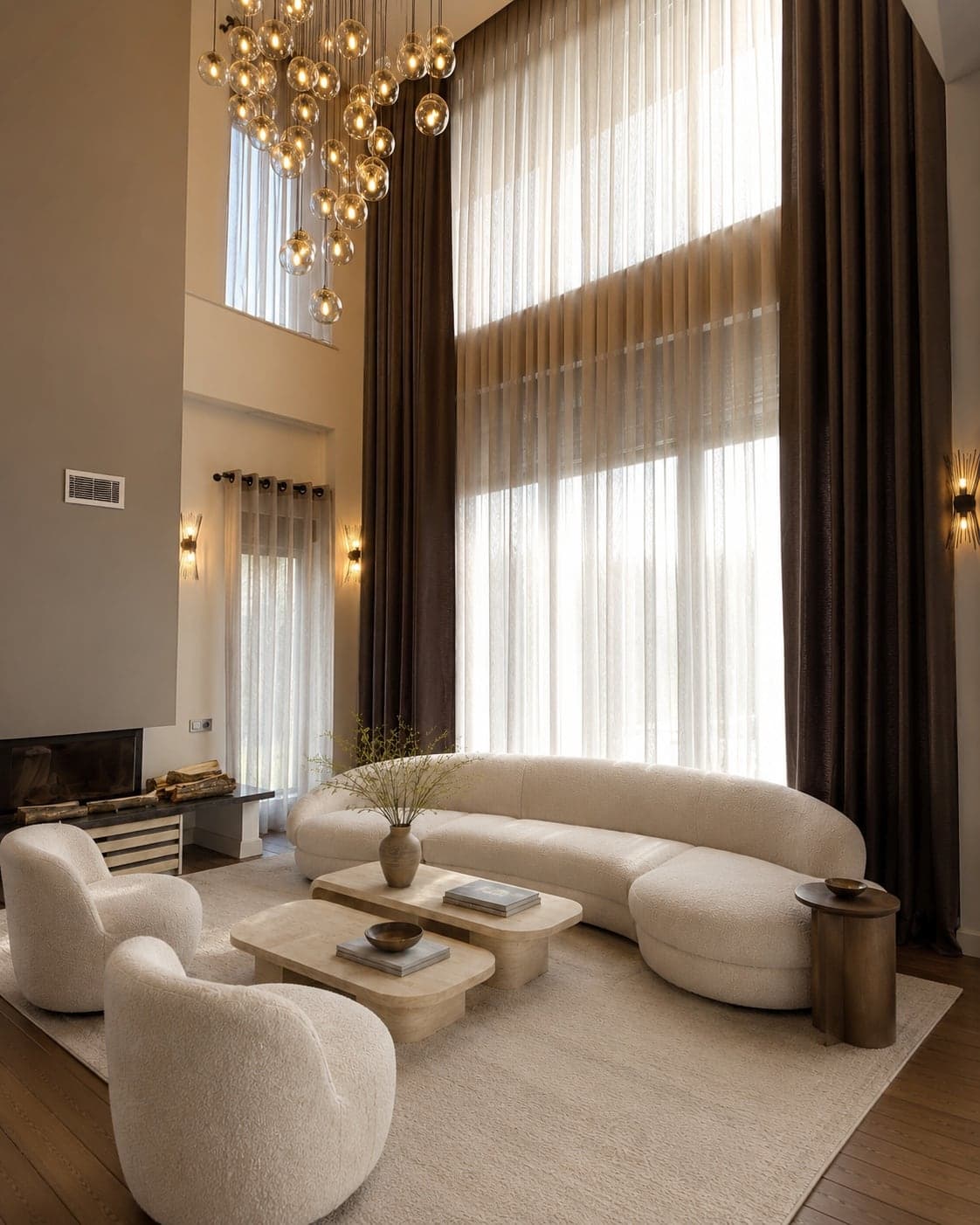 Gölbaşı özel villa yüksek galeri camında tavandan zemine asmalı fon ve ütü istemeyen tül perde