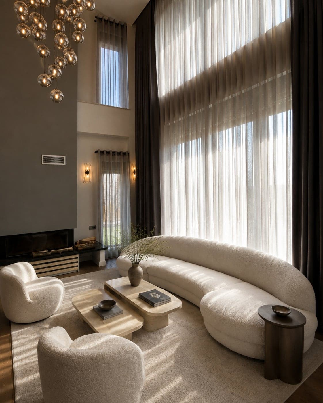 Gölbaşı özel villa salonunda galeri camı, rustik yan pencere ve kapsüllü tül perde