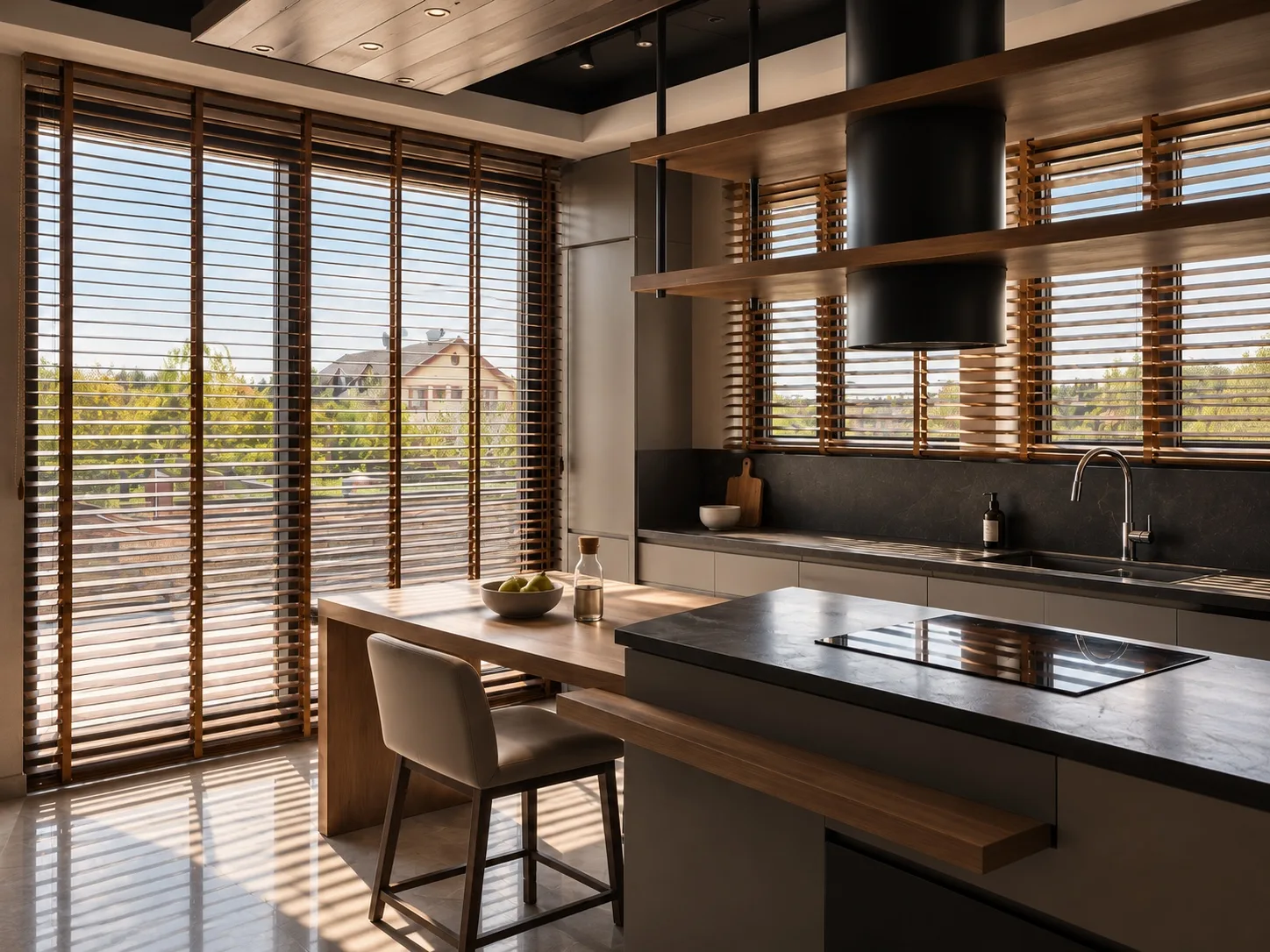 Brown wooden blinds on kitchen windows and a glazed door