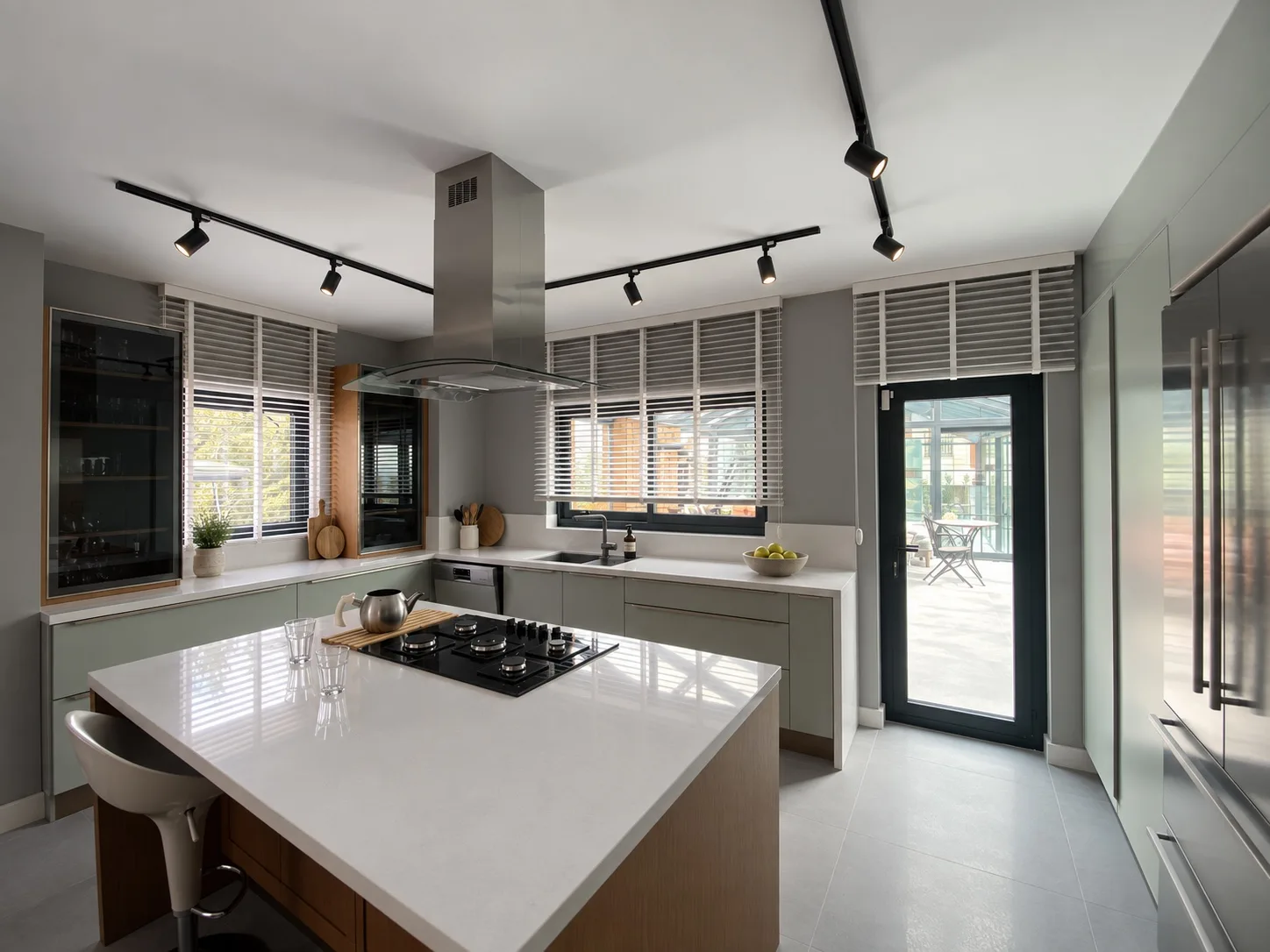 White wooden blinds on kitchen windows and a glazed door