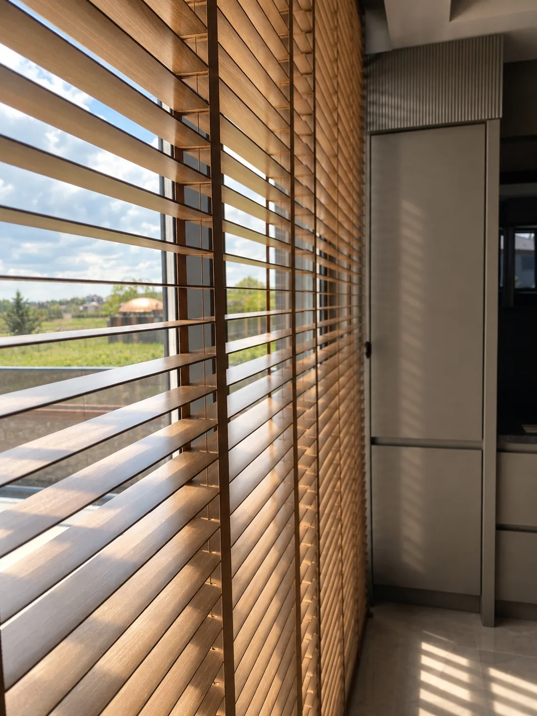 Close-up of brown wooden blind slats on a kitchen window