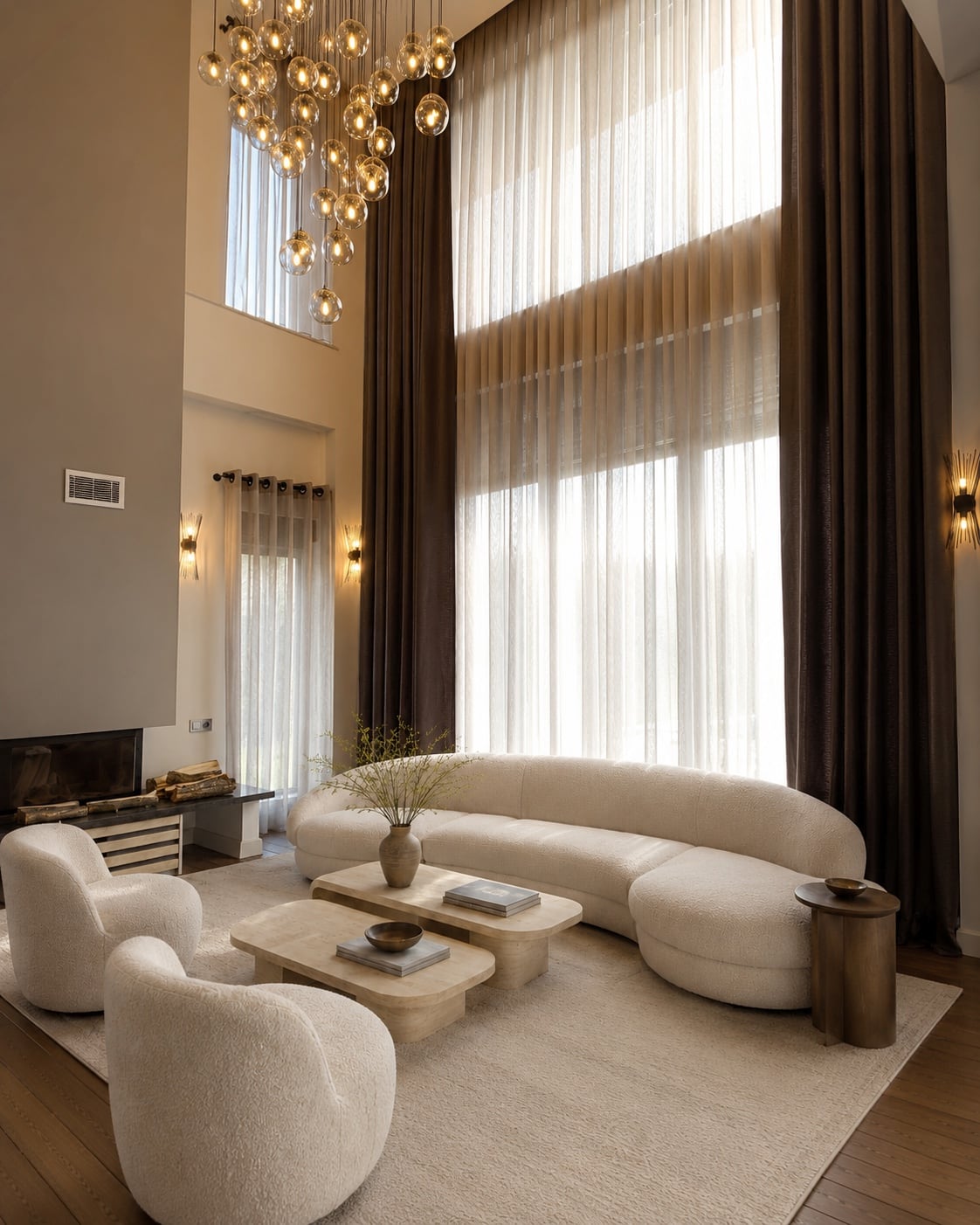 Gölbaşı özel villa yüksek galeri camında tavandan zemine asmalı fon ve ütü istemeyen tül perde
