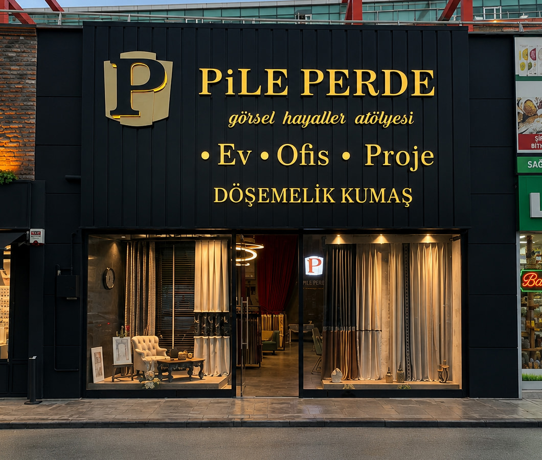 The exterior of the Pile Perde Çayyolu showroom, with its signage, shop windows and entrance